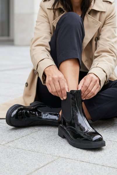 GRADA Black Patent Leather Genuine Leather Women's Elastic Boots Lightweight Casual Style New Season Women's Boots & Booties 100% Real Leather