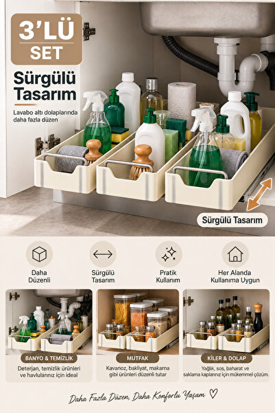 Poomy 3'lü Set Raylı Dolap İçi Düzenleyici Çekmece Sürgülü Tezgah Altı Mutfak Banyo Organizer Yapışkanlı 33.5x13 cm
