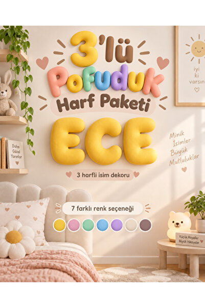 3'lü Pofuduk Harf Duvar Dekoru | İsme Özel Çocuk Odası Bubble Harfler