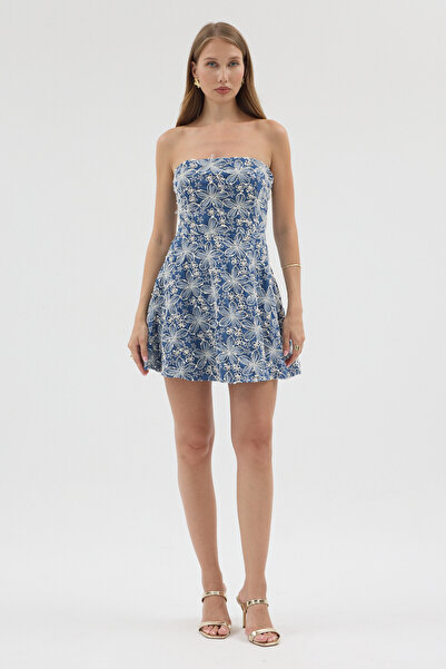 Luna Denim - Desenli Straplez Mini Elbise