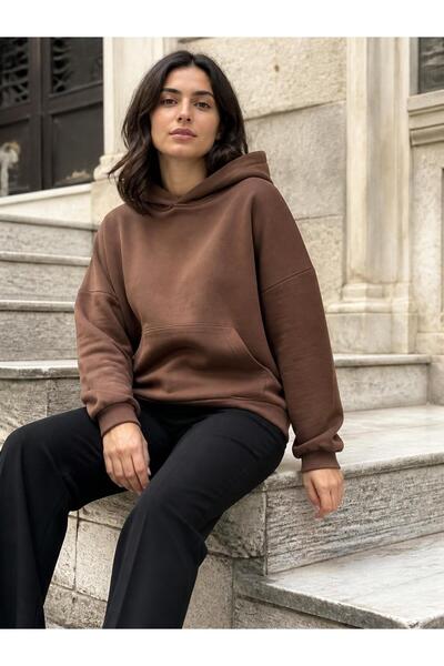 harmony factory Unisex Düz Oversize Kapüşonlu Sweatshirt 3 İplik Şardonlu Kahverengi