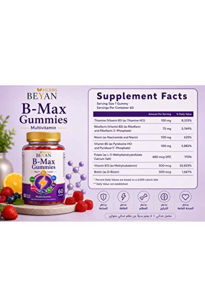 beyan herbs بي ماكس جميز مكمل غذائي يحتوي على مجموعة مختارة من فيتامينات B، تشمل B1 وB2 وB3 وB6 والفولات وB12 وا