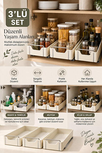Poomy 3'lü Set Raylı Dolap İçi Düzenleyici Çekmece Sürgülü Tezgah Altı Mutfak...
