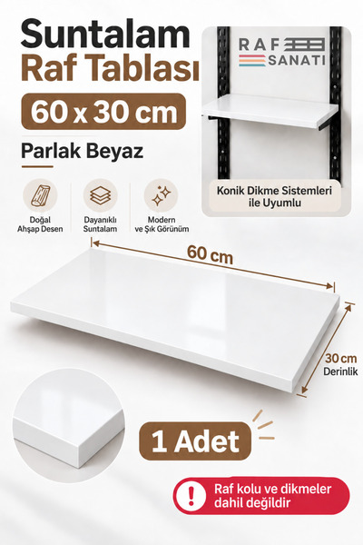 Raf Sanatı 1 Adet - Suntalam Raf Tablası 60x30 cm Beyaz Ahşap Raf Konik Dikme...