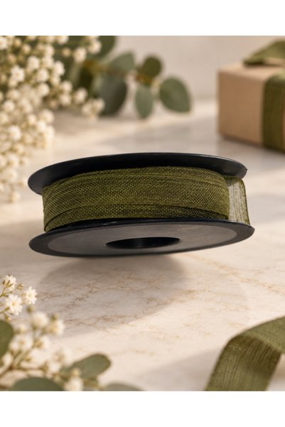 kubbe tekstil aksesuar Khaki Linen Ribbon 1.5 cm – 1 Roll 20 Meters – Gift Wrapping, Flower Bouquet, Event and Decoration Ribbon