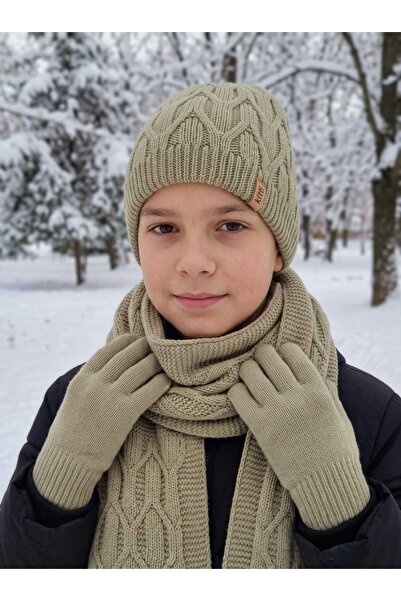 Aware Time Kitti 9-15 Years Old Boys' Lined Scarf, Beanie, Gloves 3-Piece Set