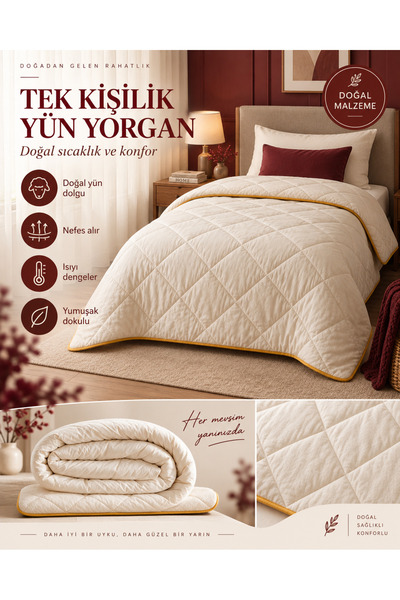 Merinos Yün Tek Kişilik Yorgan 155x215 cm | Doğal Yün Dolgulu Kapitoneli Yorgan