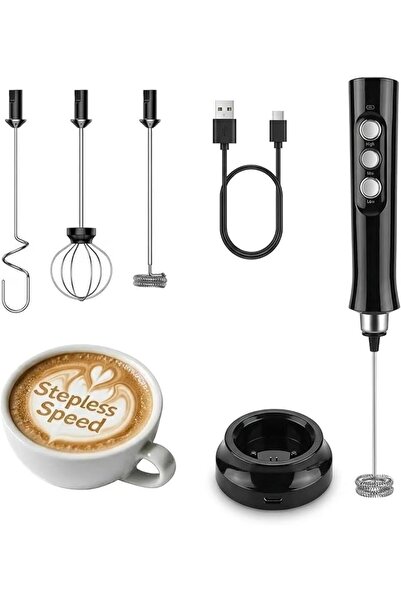 FEELSO Handheld Milk Frother with 3 Detachable Whisk USB Rechargeable Black