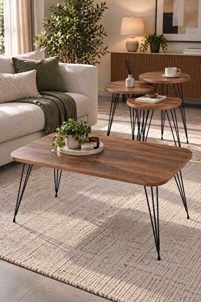 SuloraHome Ceviz Desenli 4'lü Sehpa Seti Metal Ayaklı