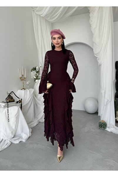 YURELİ Asimetrik Volan Detaylı Dantel Maxi Elbise