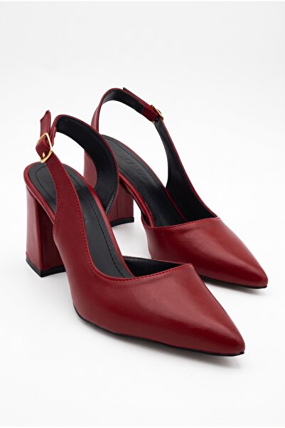 Redoxy Women's Red Leather Asymmetrical Strapped Pointed Toe Thick Heeled Shoes