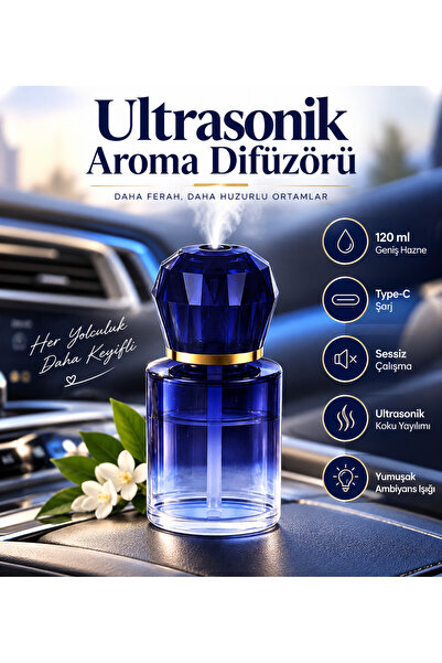 Hil Tech Eminönü Toptan Elektronik Araç Koku Makinesi 120 ml Ultrasonik Aroma Difüzörü Type-C Şarjlı Ambiyans Işıklı Sessiz