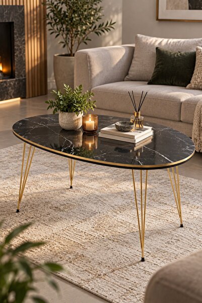 Oval Mermer Desenli Siyah Orta Sehpa Gold Metal Ayaklı