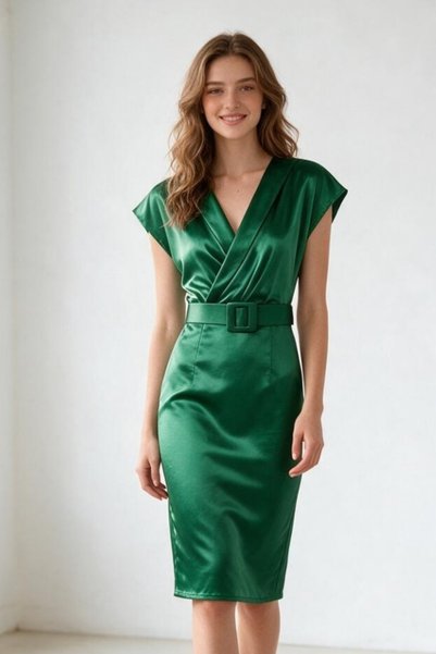 OEM Rochie eleganta de dama midi, efect satinat, cu curea in talie si decolte...