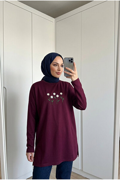 Kirazca Butik Kadın Çiçek Nakış Detaylı Salaş Uzun Sweatshirt Tunik