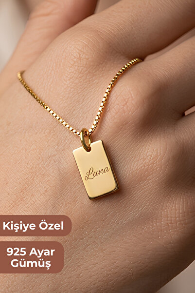 Kadın Kişiye Özel İsimli Küp Zincirli Bar Künye Kolye 925 Ayar Gümüş 14K Altın Rengi Kolye Kadın Zarif Minimal Takı
