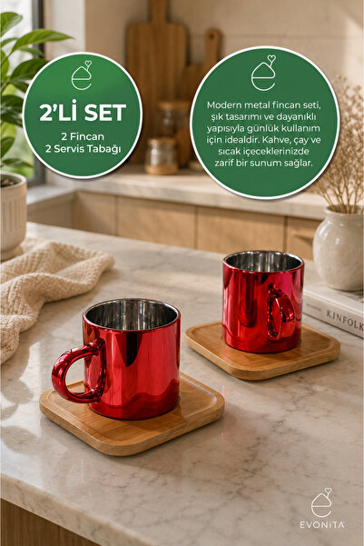 EVONİTA Set of 2 Cups with Bamboo Base, Stylish Modern Tea and Coffee Present...