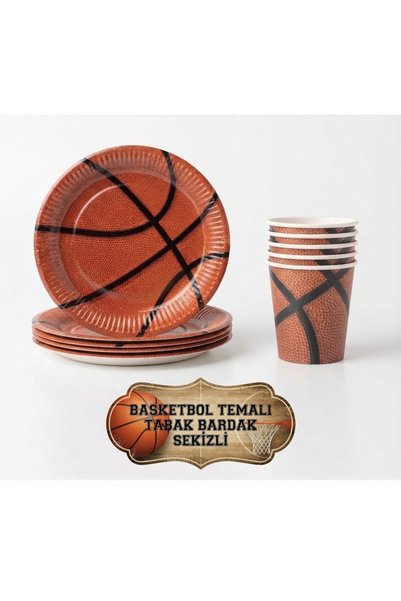 Yogi parti Basketbol Temalı 8'li Karton Tabak ve 8'li Karton Bardak Seti - Ba...