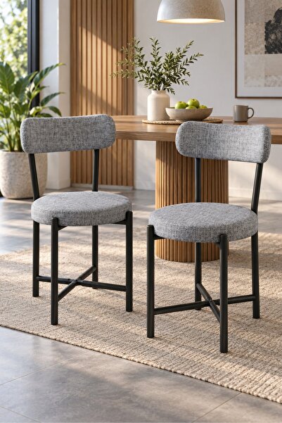 2'li Gri Keten Kumaş Sandalye Seti Modern Mutfak ve Kafe Sandalyesi