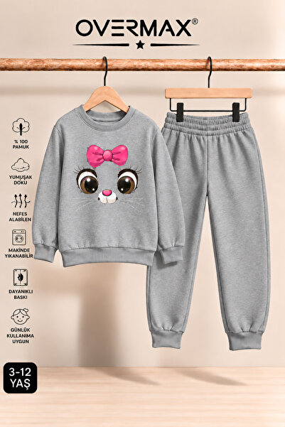 OVERMAX Girl's Hoodless Kitten Face Printed Tracksuit Set - Ages 3-12