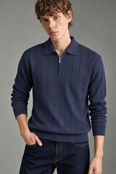 Tarz Cool Men's Navy Blue Half-Zip Striped Ribbed Knit Sweater