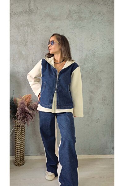 Butik Denim Yelek Görünümlü 3 İplik İçi Şardonlu Kapüşonlu Takım