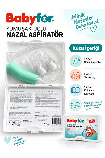 BABYFOR Bebek Burun Temizleme Aspiratörü, 2 Yedek Uç - Burun Temizleyici Aspiratör Seti - Yumuşak Uçlu