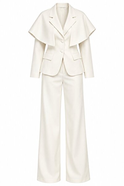 Laluvia Ecru Detachable Cape Jacket and Trousers Set - 2Y202604