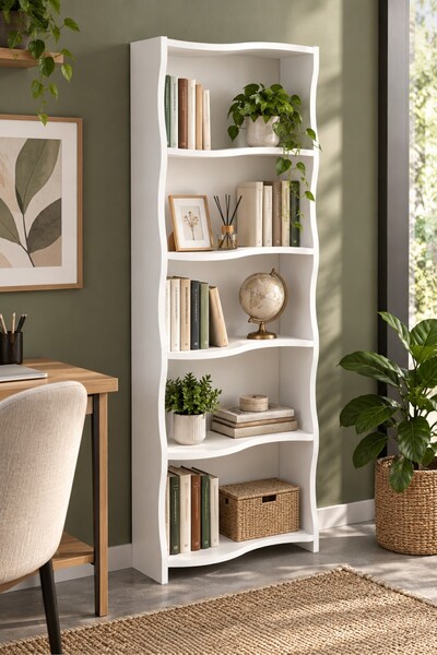 SuloraHome 5 Raflı Modern Dalgalı Tasarım Beyaz Kitaplık ve Raf Ünitesi