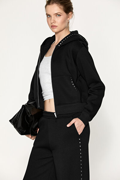 ETHIQUET PELEN Kadın Organik Pamuklu Taşlı Fermuarlı Kapüşonlu Siyah Sweatshirt