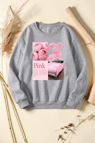 uyguntarz Unisex Pinkcar Printed Crew Neck Sweatshirt