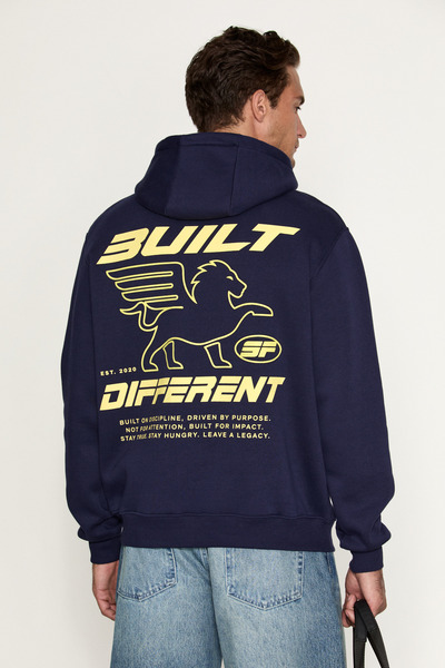 GRIMELANGE Sylas Men's Printed Hooded Navy Blue Sweatshirt