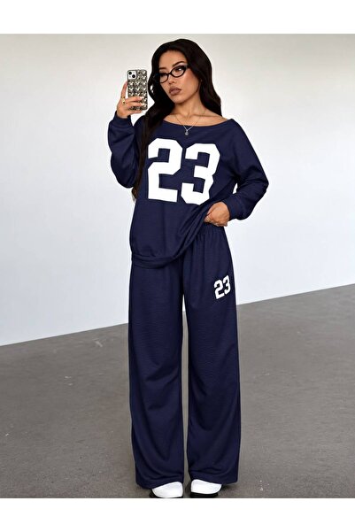 LOUİSA Kadın Lacivert Kayık Yaka Ribanalı 23 Baskılı Sweatshirt- Lacivert Bol...