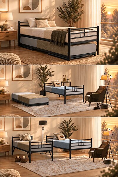 Unimet Nest Yavrulu Metal Yatak 90x200 Siyah – Tekerlekli Alt Yatak 80x200, Ç...