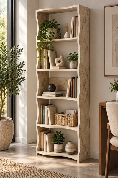 SuloraHome 5 Raflı Modern Dalgalı Tasarım Kitaplık ve Dekoratif Raf Ünitesi