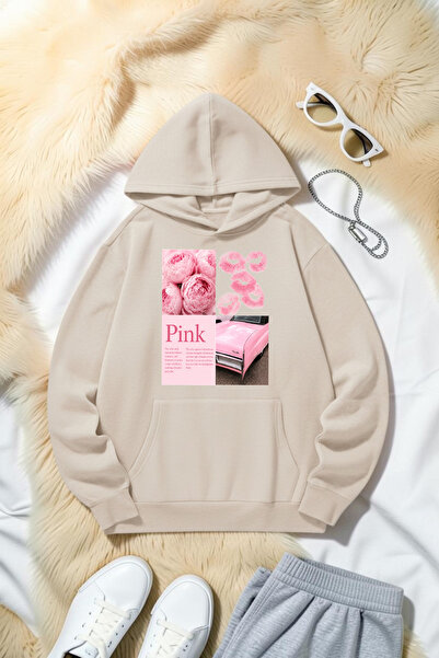 uyguntarz سويت شيرت بقلنسوة كبير الحجم مطبوع عليه PINKCAR للجنسين