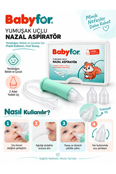 BABYFOR Bebek Burun Temizleme Aspiratörü, 2 Yedek Uç - Burun Temizleyici Aspiratör Seti - Yumuşak Uçlu