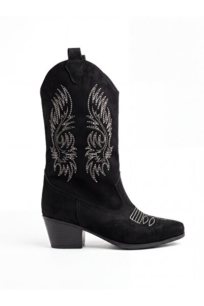 Tonny Black Women's Black Comfortable Fit Laser Patterned Heeled Boots