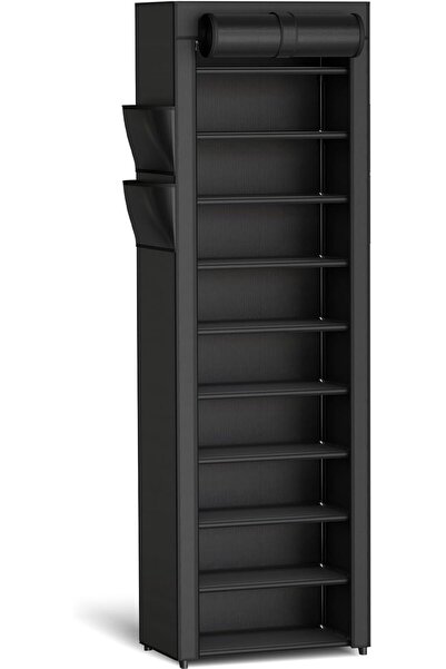 Kitsure Covered 10-Tier Shoe Rack with Dust Cover & Side Pockets, Black