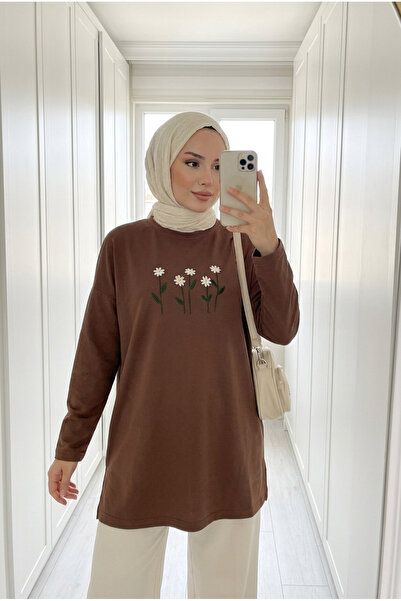 Kirazca Butik Women's Floral Embroidery Detailed Loose Long Sweatshirt Tunic