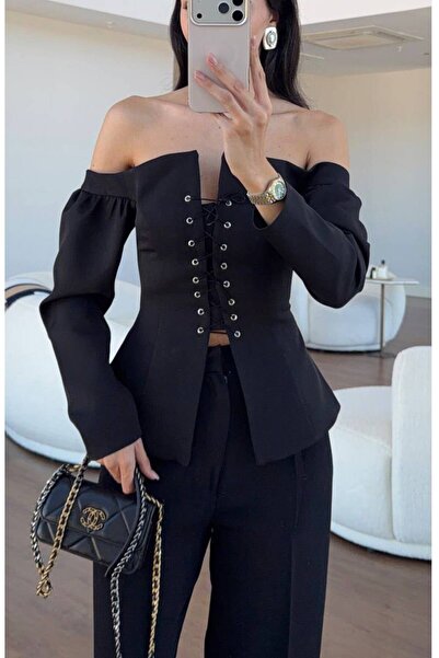 Bellucia Carmen Yaka Bağcıklı Korse Görünümlü Uzun Kollu Peplum Bluz