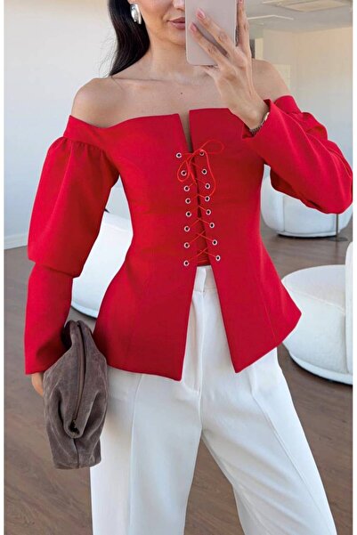 Bellucia Carmen Yaka Bağcıklı Korse Görünümlü Uzun Kollu Peplum Bluz