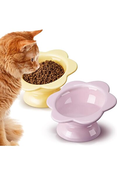 KASTWAVE Ceramic Elevated Cat Bowls with Cute Flower Design, Anti-Vomiting Ti...