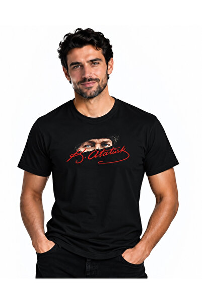 Atatürk Gözleri Ve Kırmızı İmza Baskılı Unisex %100 Pamuk Premium Siyah Tişört