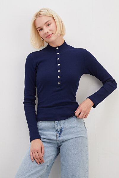 Fulla Moda Ribbed Half Snap Collar Slim Fit Blouse