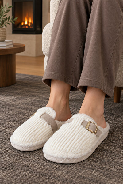 Platana Women's White Buckle-Strapped Plush House Slippers - Soft and Non-Sli...