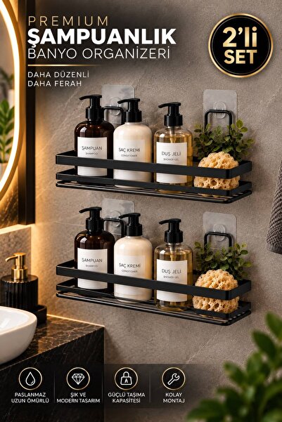 2'li Premium Şampuanlık Banyo Organizeri Yapışkanlı Siyah Metal Duş Rafı