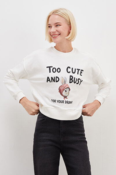 Fulla Moda 3 İplik Şardonsuz Tavşan Baskılı Oversize Sweatshirt