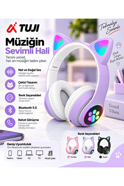tuji Kedi Kulaklı Bluetooth 5.0 Kablosuz Kulaklık – LED Işıklı, Mikrofonlu, Ç...