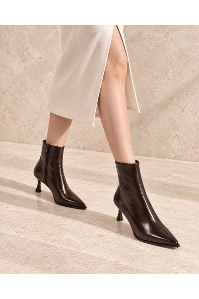 İncimoda Brown Patent Leather Pointed Toe Thin Heeled Women's Ankle Boots